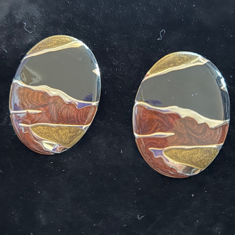 Vintage 1990s Abstract Enamel Statement Earrings – Gold Tone Pierced Posts